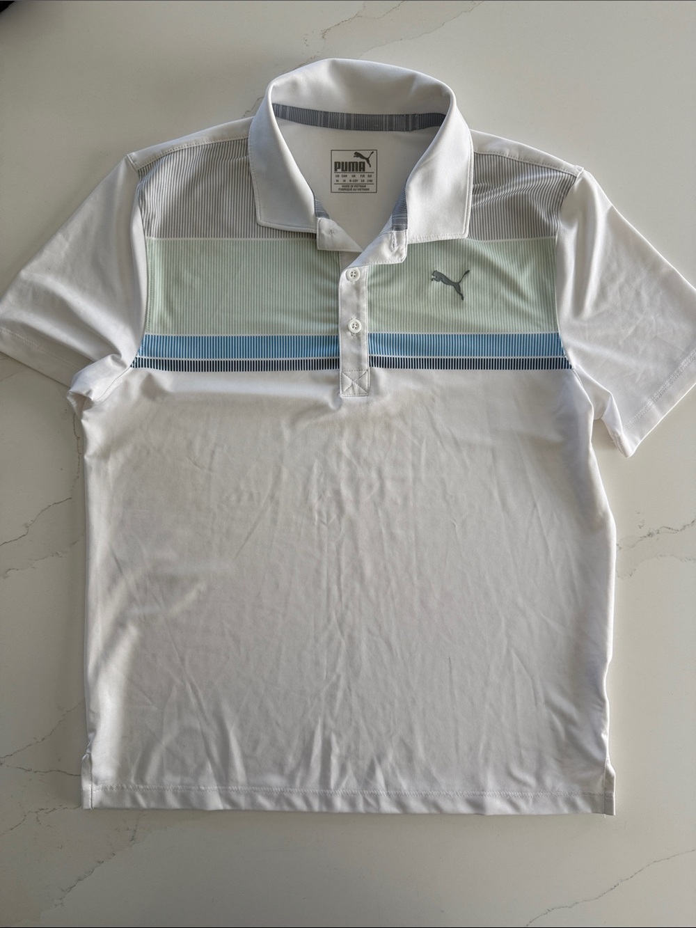 Puma White Polo with Mint Green and Light Blue Stripes